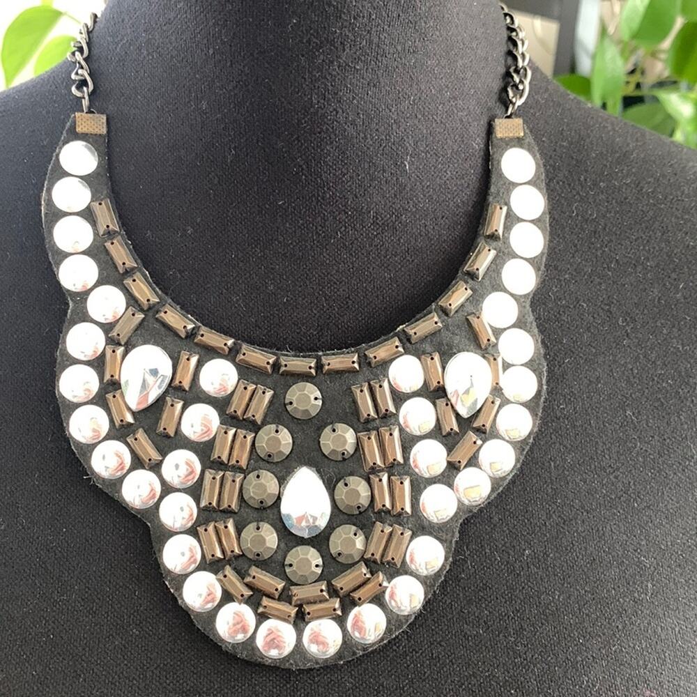 Vintage Handmade Art Deco Studded Scalloped Hem Teardrop Boho Bib Necklace